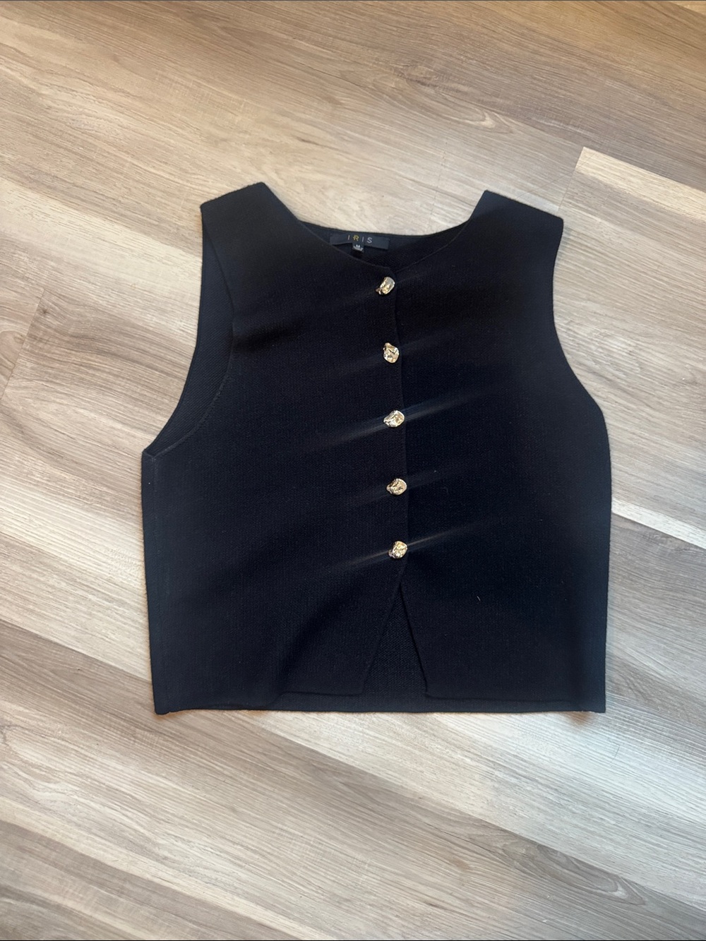 iris Black Sleeveless Knit Crop Top with Gold Buttons